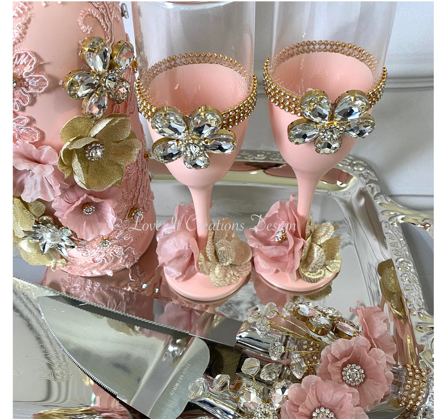 Wedding/Quinceniera Champagne Set of 2 with Cake Knife & Server Set included5
