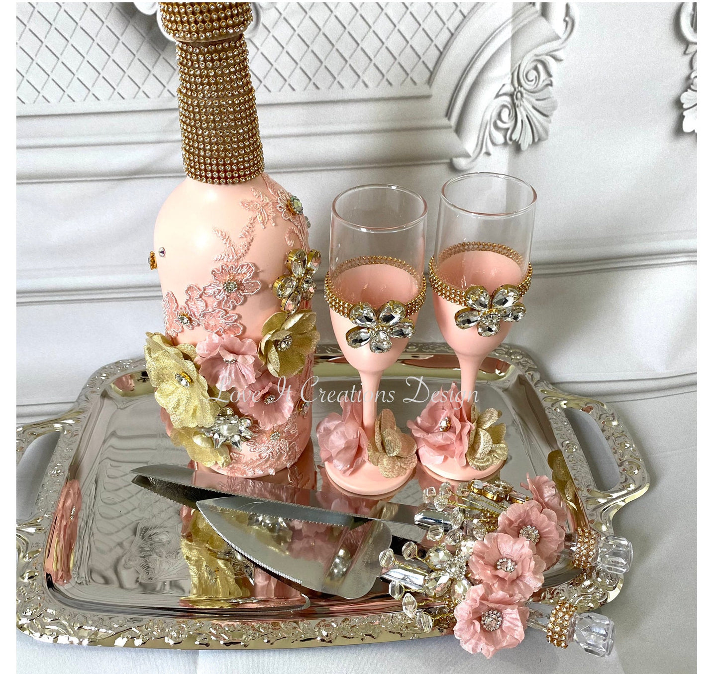 Wedding/Quinceniera Champagne Set of 2 with Cake Knife & Server Set included5