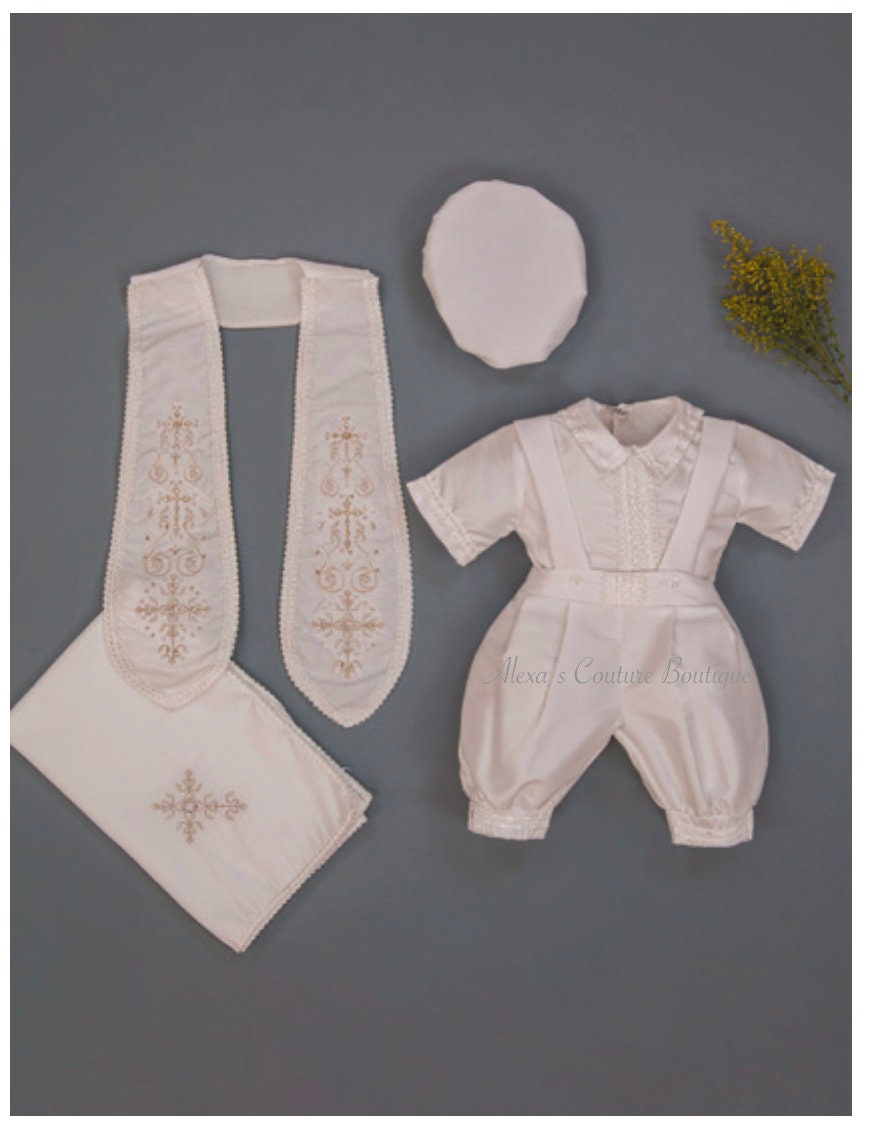 Ivory or White Boys Cross Cape and Hat Baptism Romper, Baptism Outfit for Boy, Traje de Bautizo, Baptism Ropon217