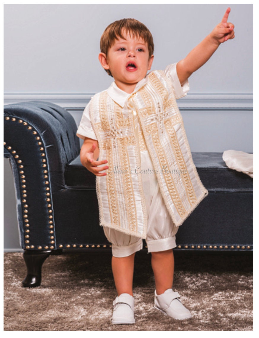Ivory or White Boys Cross Cape and Hat Baptism Romper, Baptism Outfit for Boy, Traje de Bautizo, Baptism Ropon49
