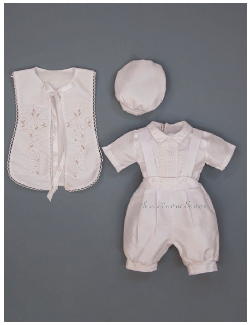 Ivory or White Boys Cross Cape and Hat Baptism Romper, Baptism Outfit for Boy, Traje de Bautizo, Baptism Ropon233