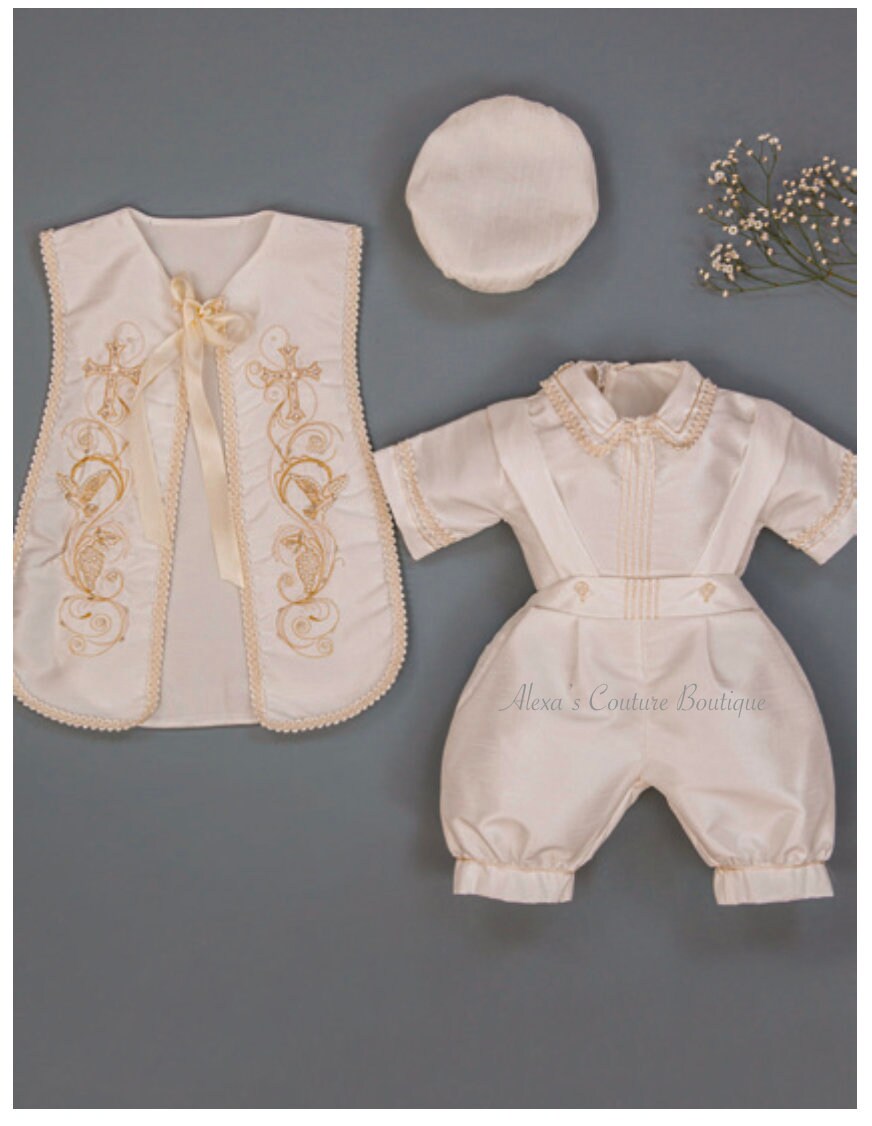Ivory or White Boys Cross Cape and Hat Baptism Romper, Baptism Outfit for Boy, Traje de Bautizo, Baptism Ropon142