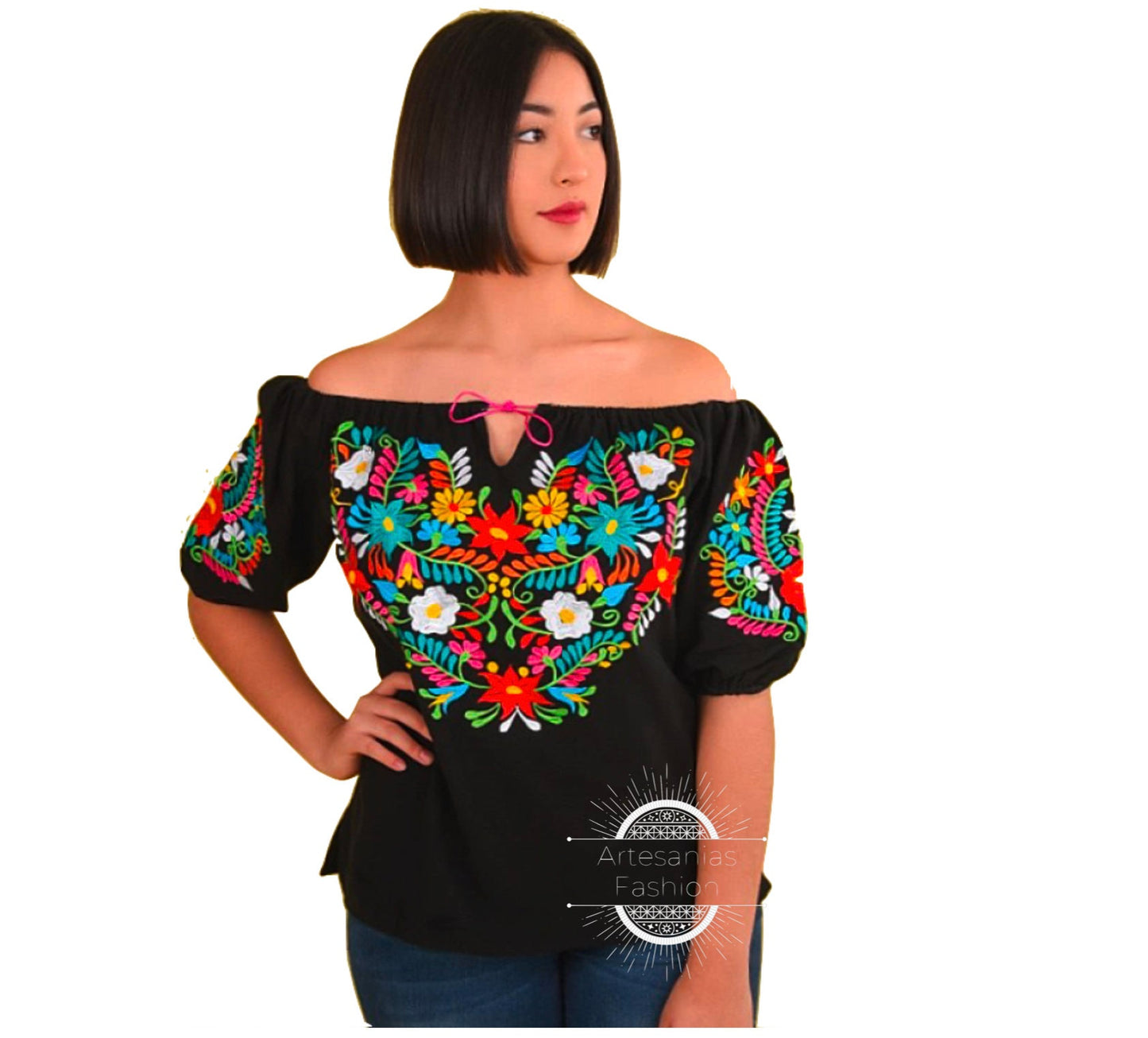 Blusa Mexican con Flores /Mexican Embroidery Blusa de Manta bordada a mano Blusa Tradicional Mexicana Embroidery shirt Mexican Flora Blouse95