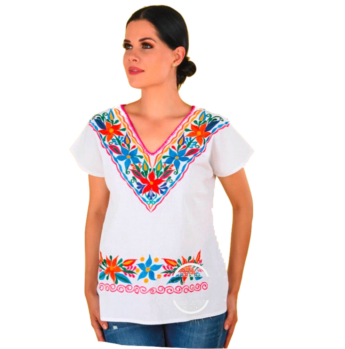 Blusa Mexican con Flores /Mexican Embroidery Blusa de Manta bordada a mano Blusa Tradicional Mexicana Embroidery shirt Mexican Flora Blouse99