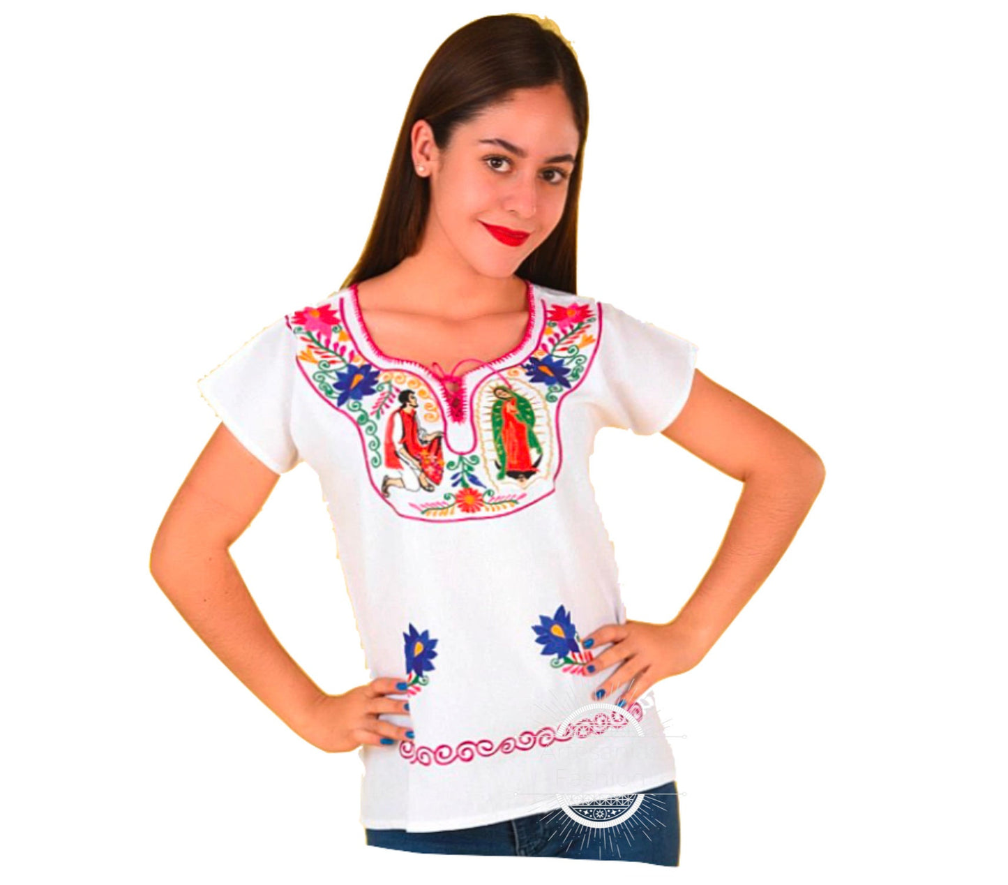 Blusa Mexican con Flores y Imagen de la Virgen Maria /Mexican Embroidery Top with Flowers and Image of Virgin Mary192