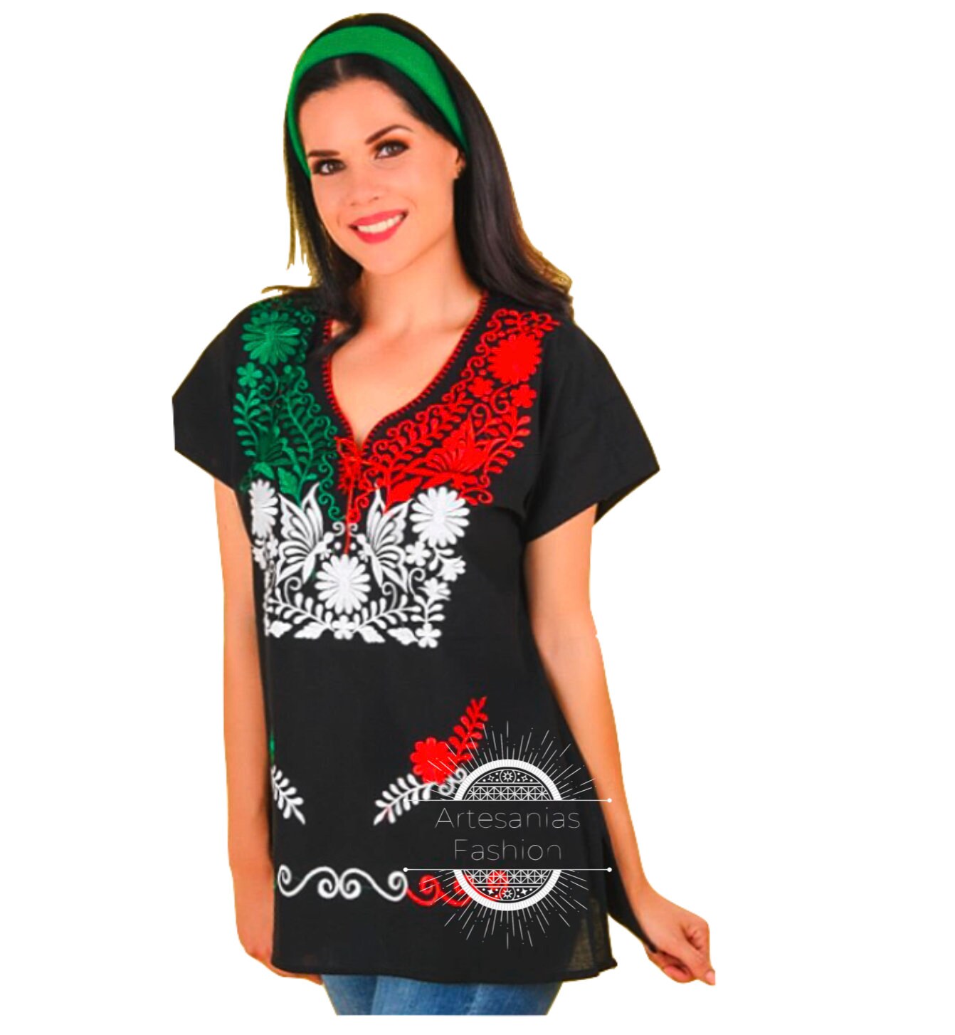 Blusa Mexican con los Colores de la Bandera de Mexico /Mexican Embroidery Top/T-shirt with the Traditional Mexican Flag Colors80