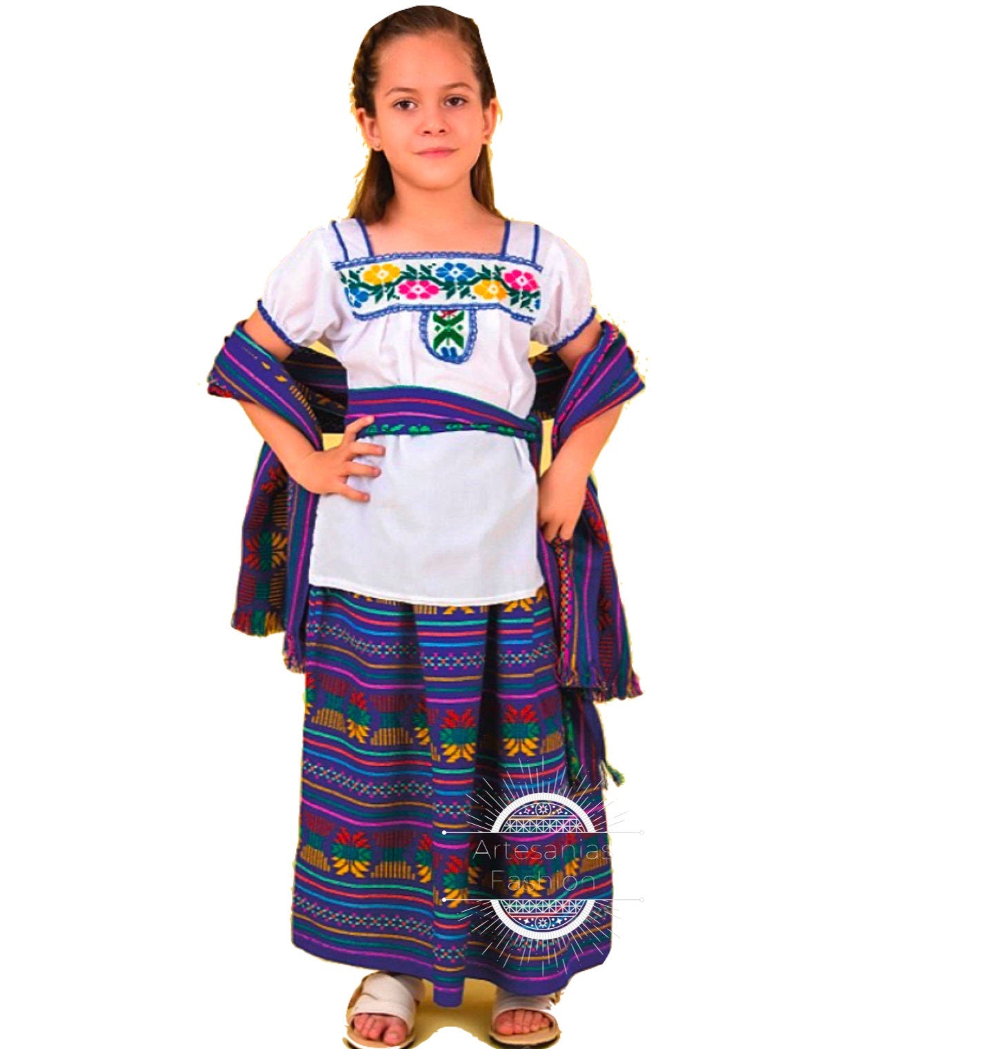 Vestido de Indiana con Flores Bordado a mano en tela de manta para Niña Traje Indita132