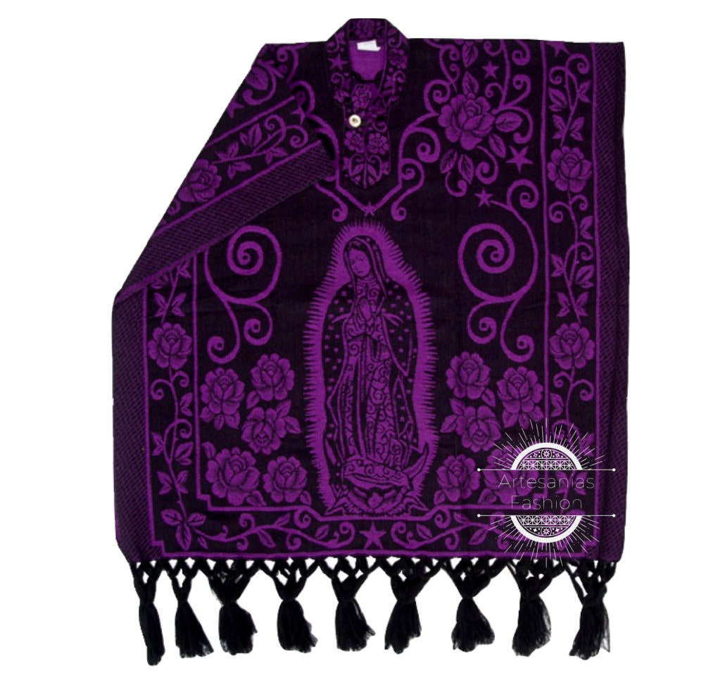 Mexican Poncho, Mexican Poncho with Virgen de Guadalupe, Handmade Poncho One-Size Adult Poncho37