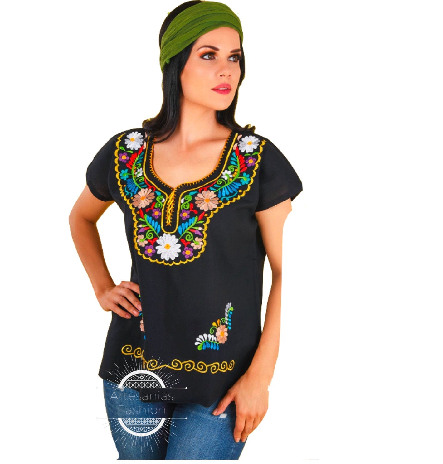 Blusa Mexican con Flores /Mexican Embroidery Blusa de Manta bordada a mano Blusa Tradicional Mexicana Embroidery shirt Mexican Flora Blouse147