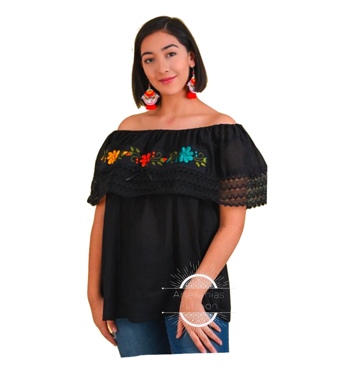 Blusa Mexican con Flores /Mexican Embroidery Blusa de Manta bordada a mano Blusa Tradicional Mexicana Embroidery shirt Mexican Flora Blouse112