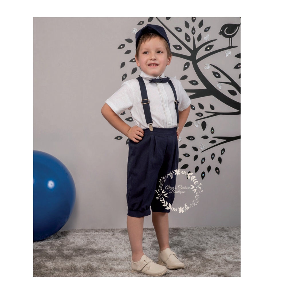 Kids Outfit | Shorts and Suspenders and Matching Bow Tie Boys White Linen Shirt | Baby Boys Easter Outfit208