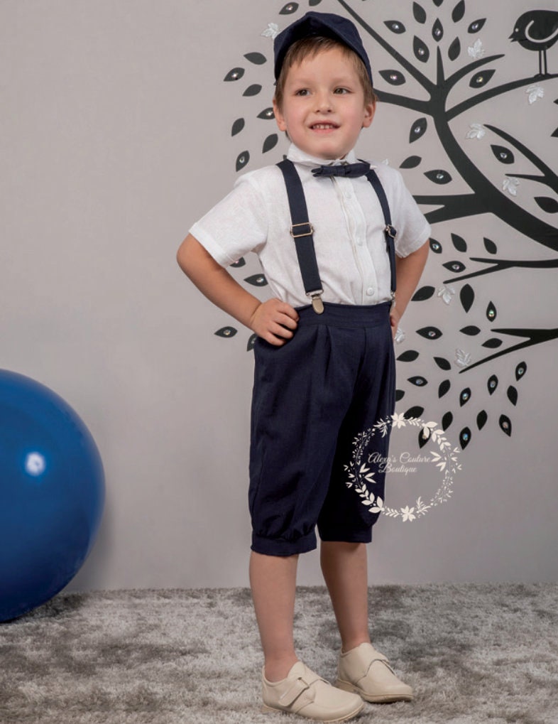 Kids Outfit | Shorts and Suspenders and Matching Bow Tie Boys White Linen Shirt | Baby Boys Easter Outfit208