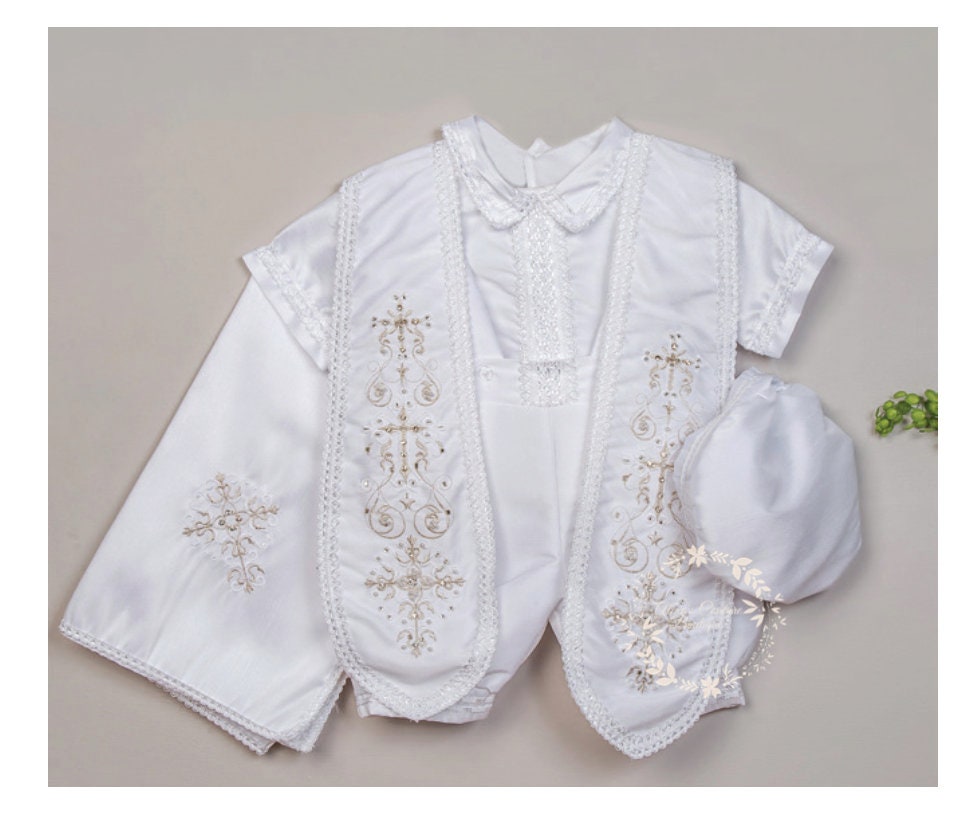Ivory or White Boys Cross Cape and Hat Baptism Romper, Baptism Outfit for Boy, Traje de Bautizo, Baptism Ropon217