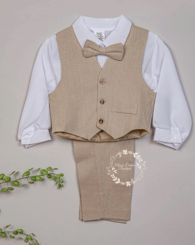 Christening Outfit | Shorts and Suspenders and Matching Bow Tie Baptism Boys White Linen Shirt | Baby Boys Easter Outfit |112
