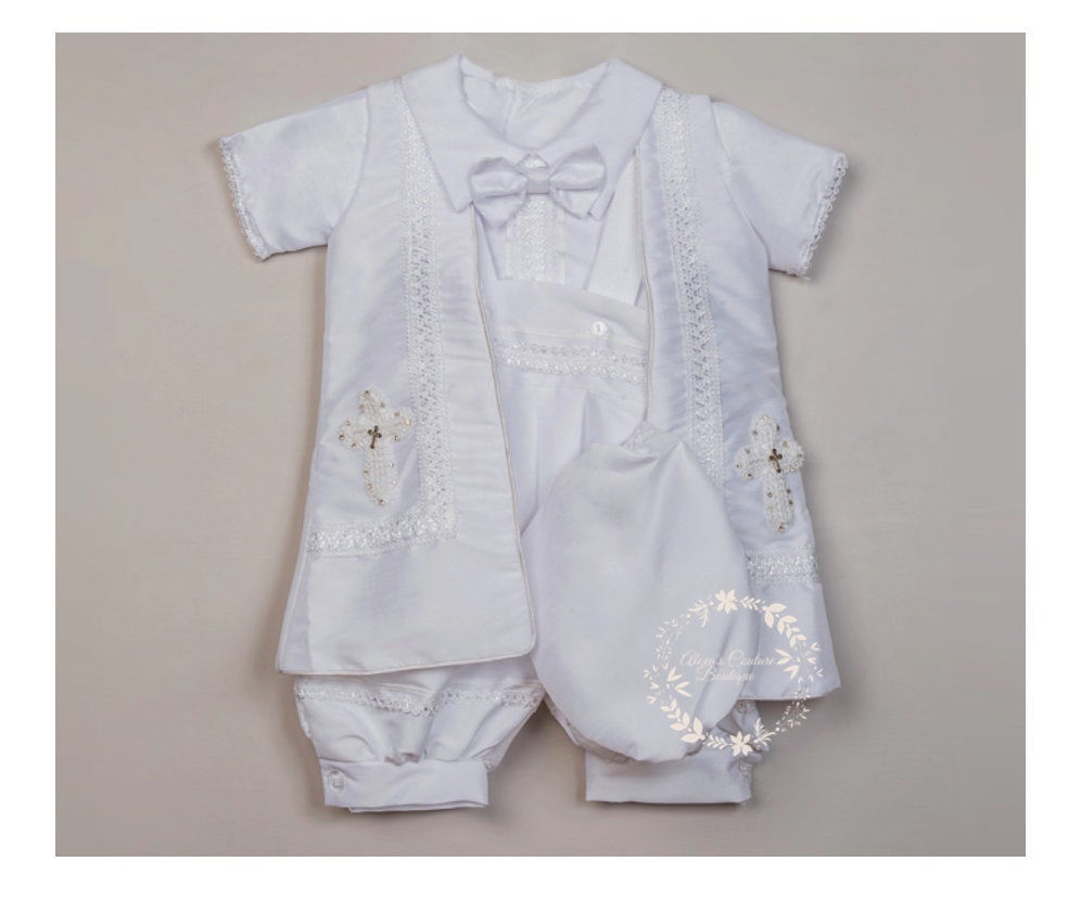 Ivory or White Boys Cross Cape and Hat Baptism Romper, Baptism Outfit for Boy, Traje de Bautizo, Baptism Ropon206