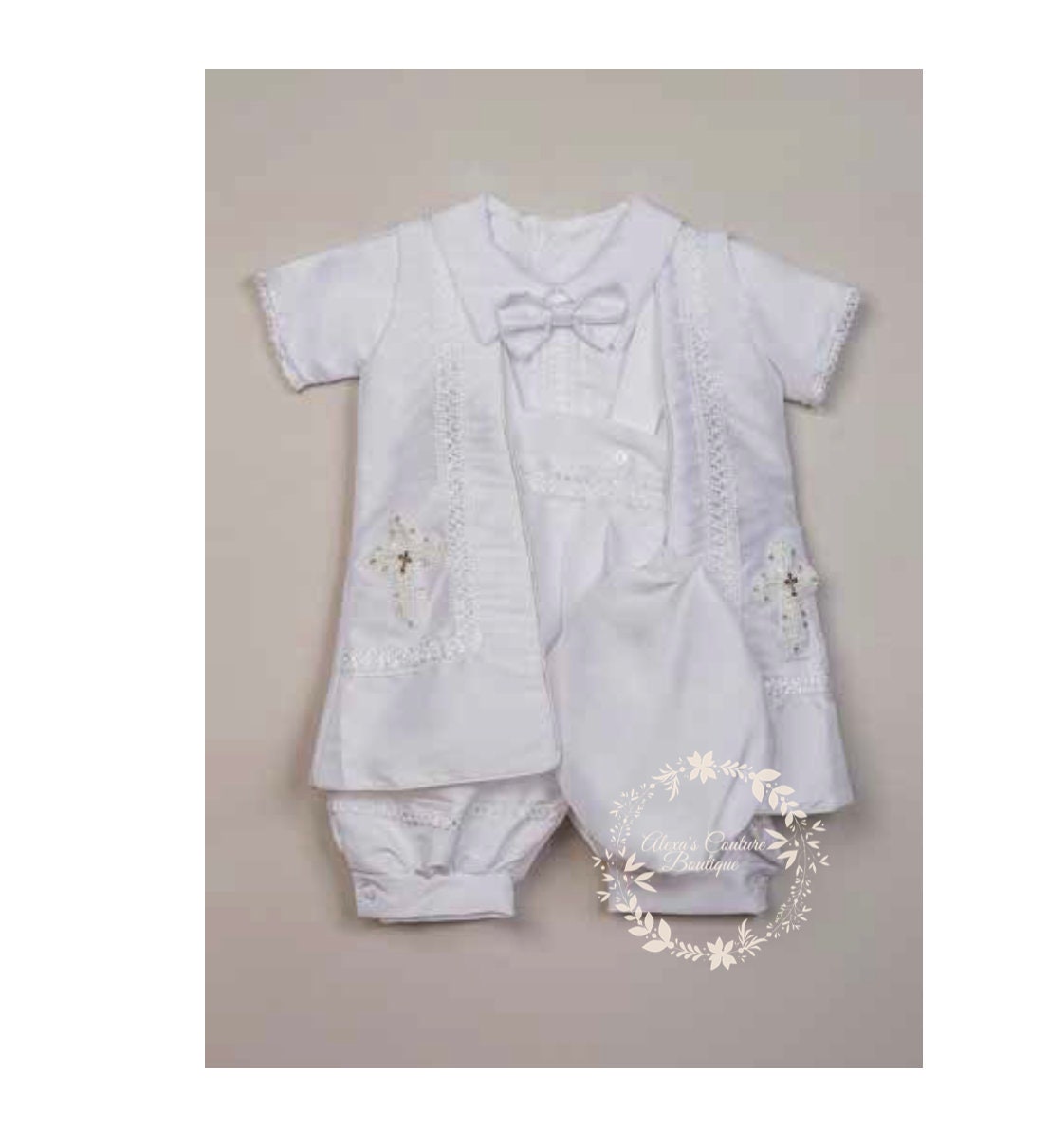 Ivory or White Boys Cross Cape and Hat Baptism Romper, Baptism Outfit for Boy, Traje de Bautizo, Baptism Ropon206