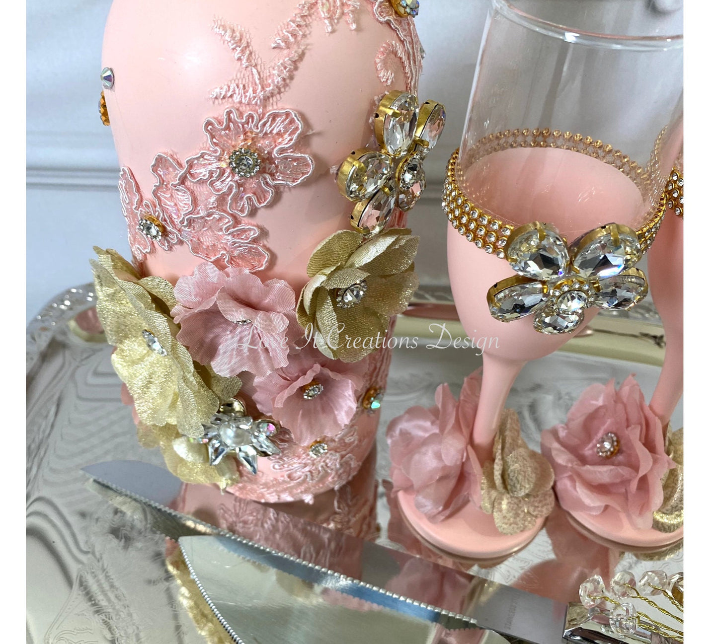Wedding/Quinceniera Champagne Set of 2 with Cake Knife & Server Set included5