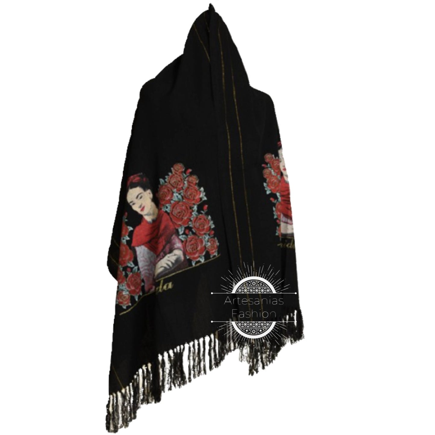 Rebozo Mexican con Imagen de Frida, Mexican shawl with image of Frida, Frida Shawl, Mexican Shawl50
