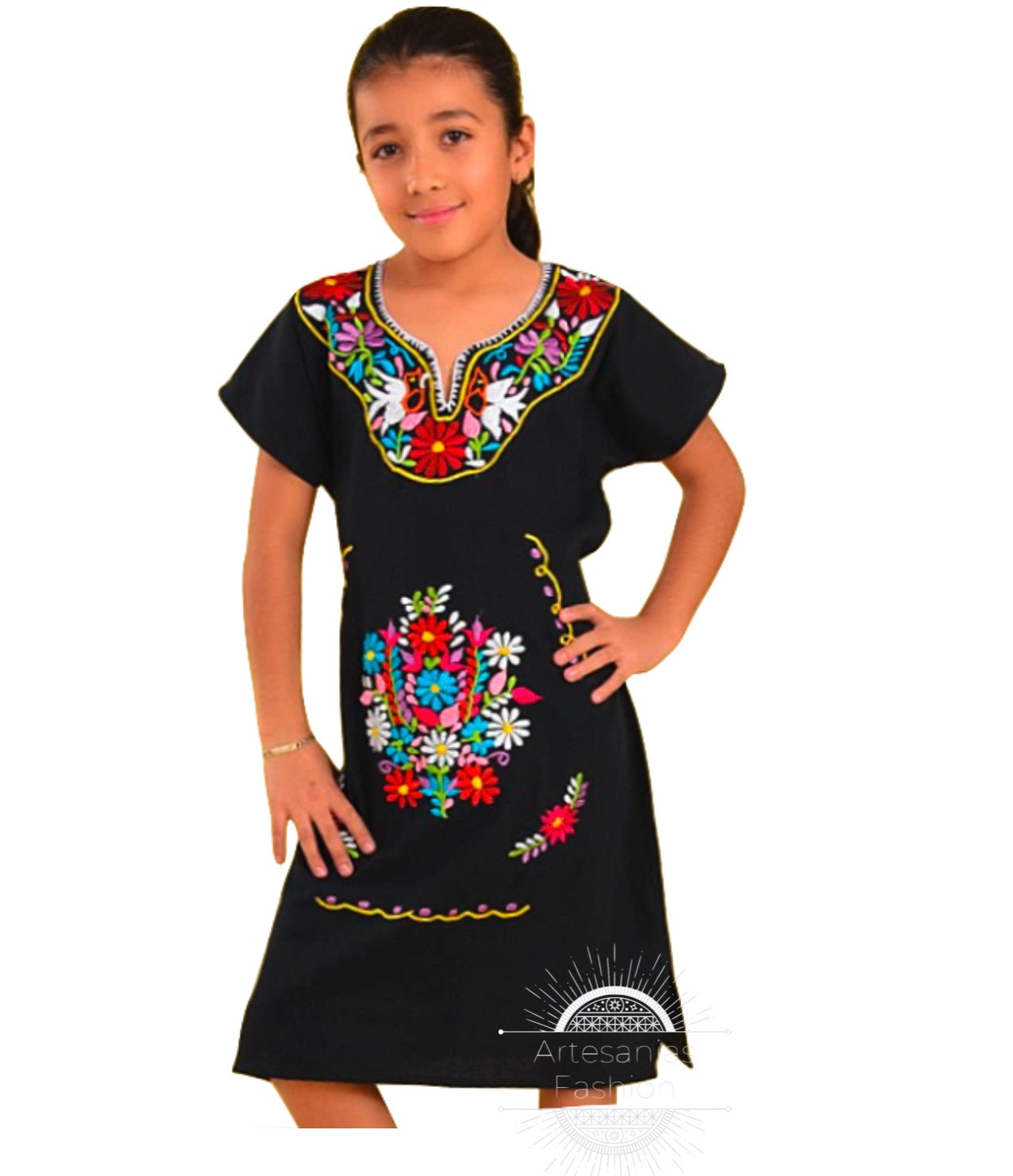 Vestido Tradicional Mexican con Flores Bordado para Nina/Mexican Traditional Embroidery Dress with flowers For Girl107