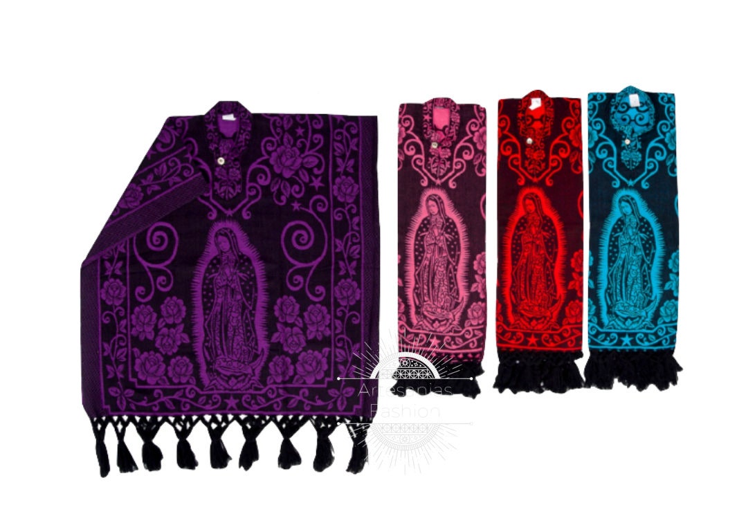 Mexican Poncho, Mexican Poncho with Virgen de Guadalupe, Handmade Poncho One-Size Adult Poncho37