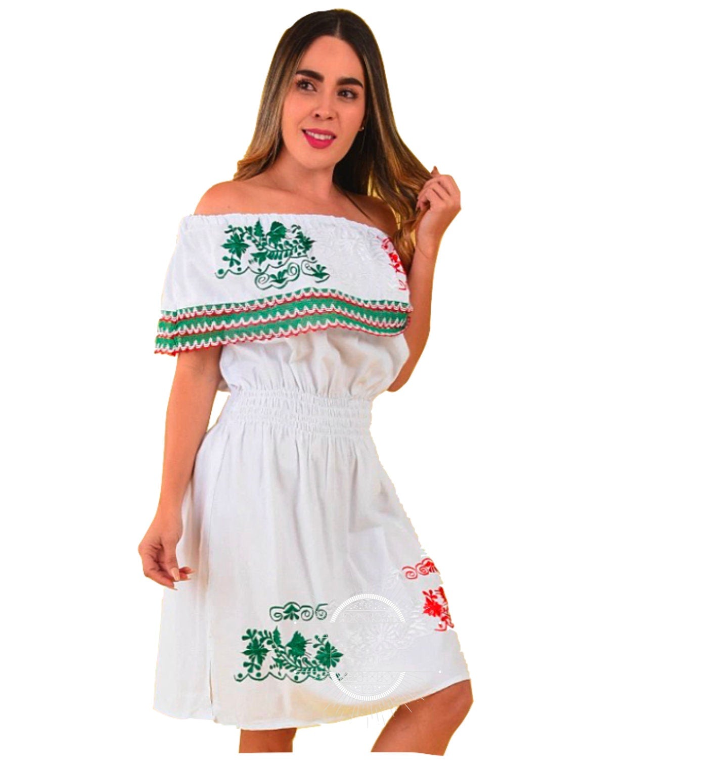 Vestido Mexican con los Colores de la Bandera de Mexico /Mexican Embroidery Dress with the Traditional Mexican Flag Colors157