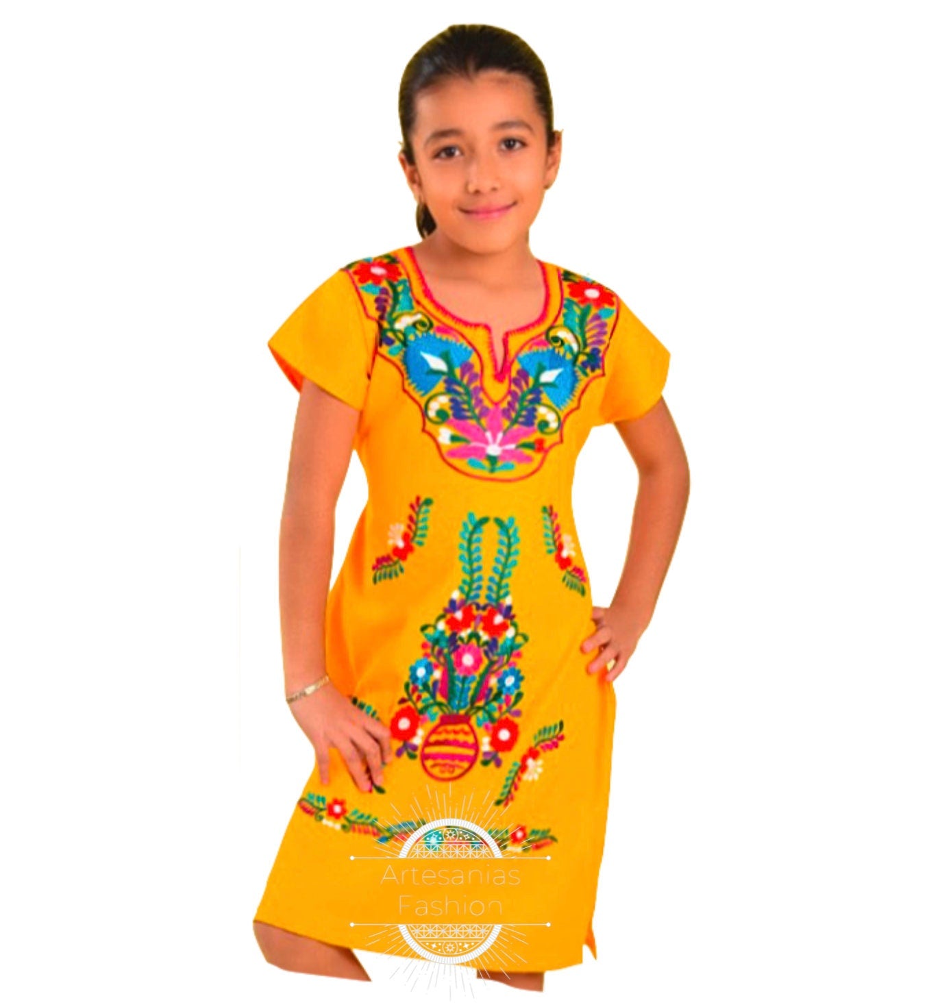 Vestido Tradicional Mexican con Flores Bordado para Nina/Mexican Traditional Embroidery Dress with flowers For Girl107