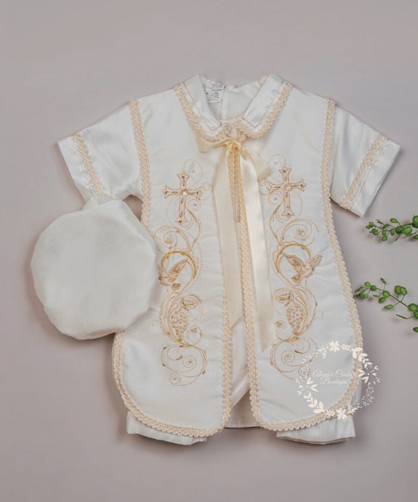 Ivory or White Boys Cross Cape and Hat Baptism Romper, Baptism Outfit for Boy, Traje de Bautizo, Baptism Ropon142
