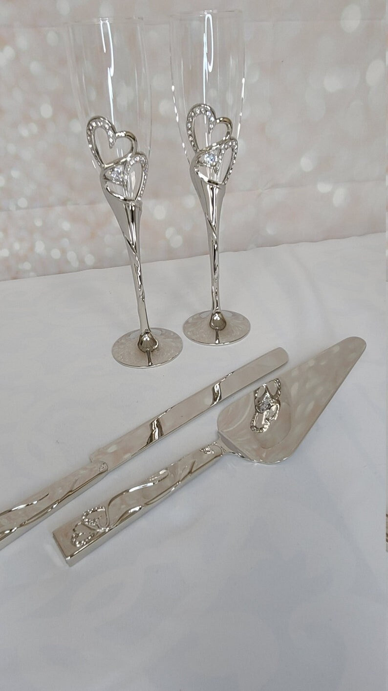 Personalized Wedding Cake Server and Knife Set Custom Cake Serving, Knife Cutter,  and Champagne Flutes Wedding Bridal176