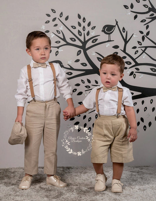 Kids Outfit | Shorts and Suspenders and Matching Bow Tie Baptism Boys White Linen Shirt | Baby Boys Easter Outfit |209