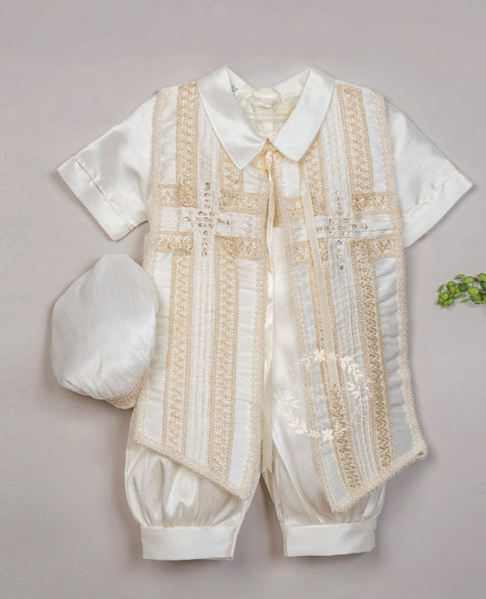 Ivory or White Boys Cross Cape and Hat Baptism Romper, Baptism Outfit for Boy, Traje de Bautizo, Baptism Ropon49