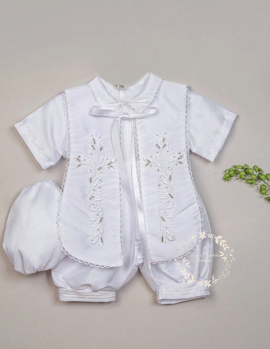 Ivory or White Boys Cross Cape and Hat Baptism Romper, Baptism Outfit for Boy, Traje de Bautizo, Baptism Ropon233