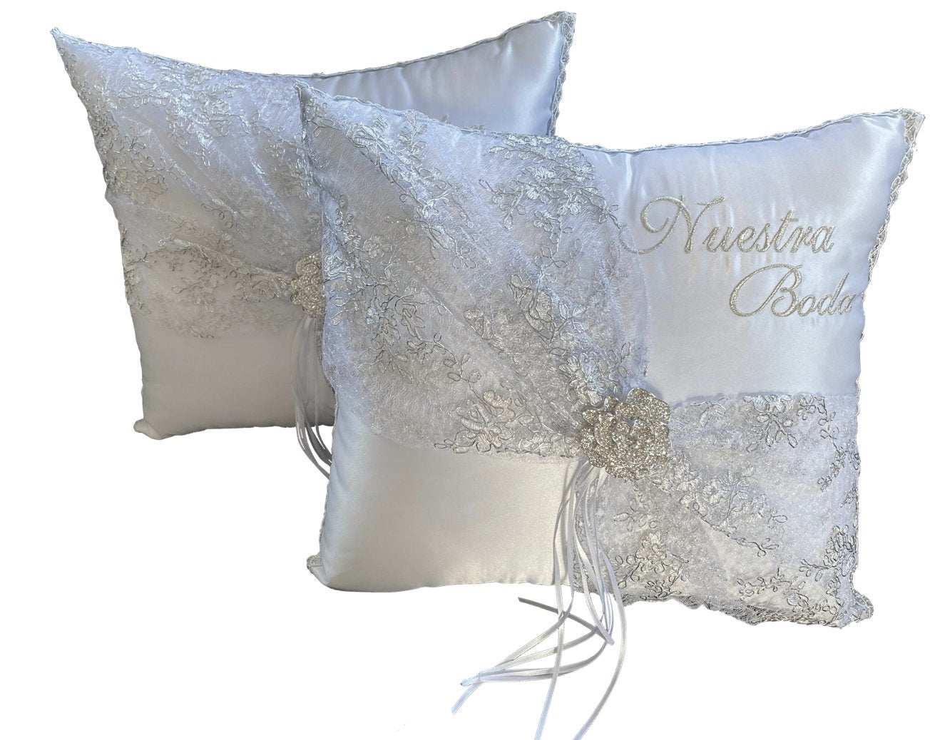 Wedding Kneeling Pillows Set, Embroidered Nuestra Boda Kneeling Pillows, Satin and Lace Kneeling Pillows (Set of 2)35