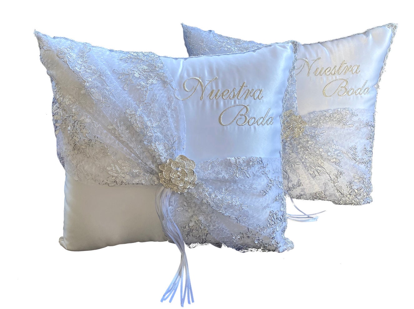 Wedding Kneeling Pillows Set, Embroidered Nuestra Boda Kneeling Pillows, Satin and Lace Kneeling Pillows (Set of 2)35