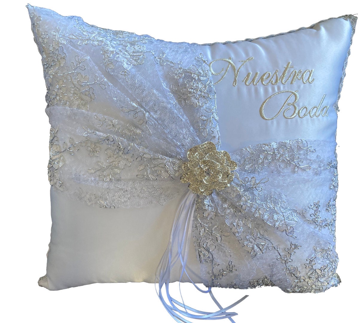 Wedding Kneeling Pillows Set, Embroidered Nuestra Boda Kneeling Pillows, Satin and Lace Kneeling Pillows (Set of 2)35