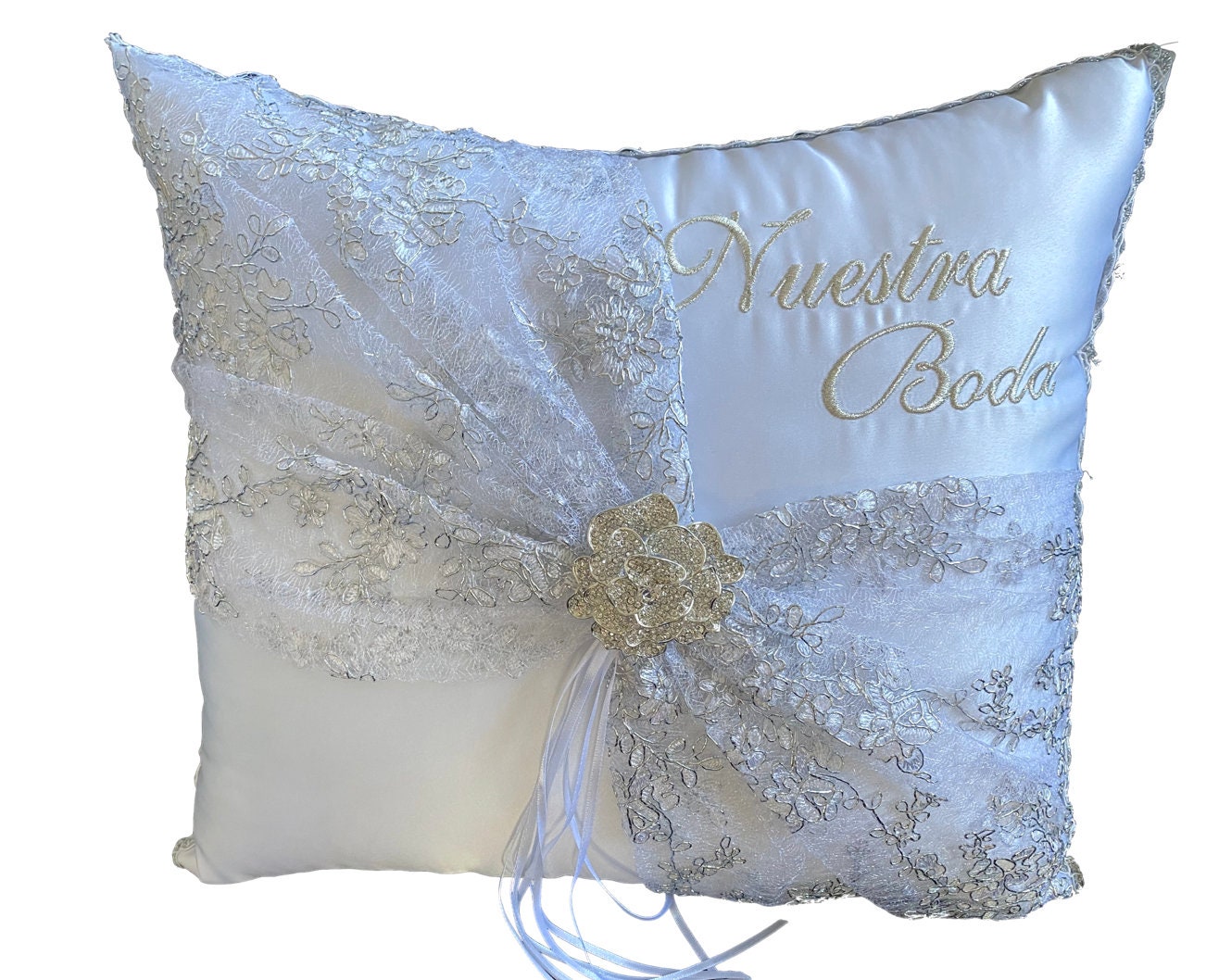 Wedding Kneeling Pillows Set, Embroidered Nuestra Boda Kneeling Pillows, Satin and Lace Kneeling Pillows (Set of 2)35