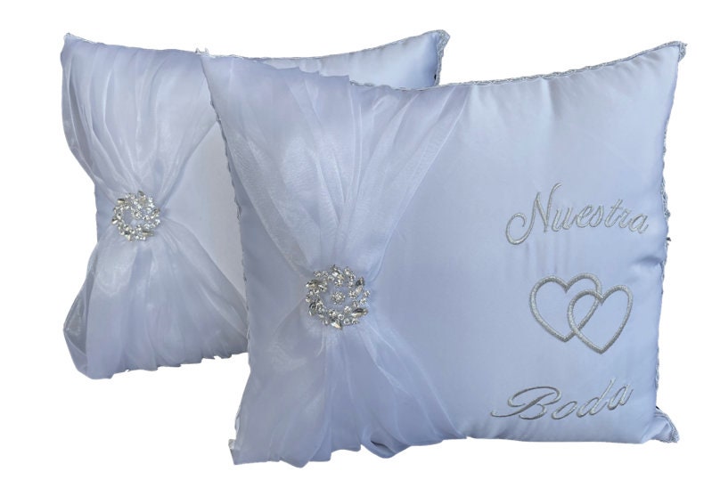 Wedding Kneeling Pillows - Nuestra Boda Kneel Pillows - White Satin Wedding Kneel Pillow - Cojine Para Boda- Set of 2 6