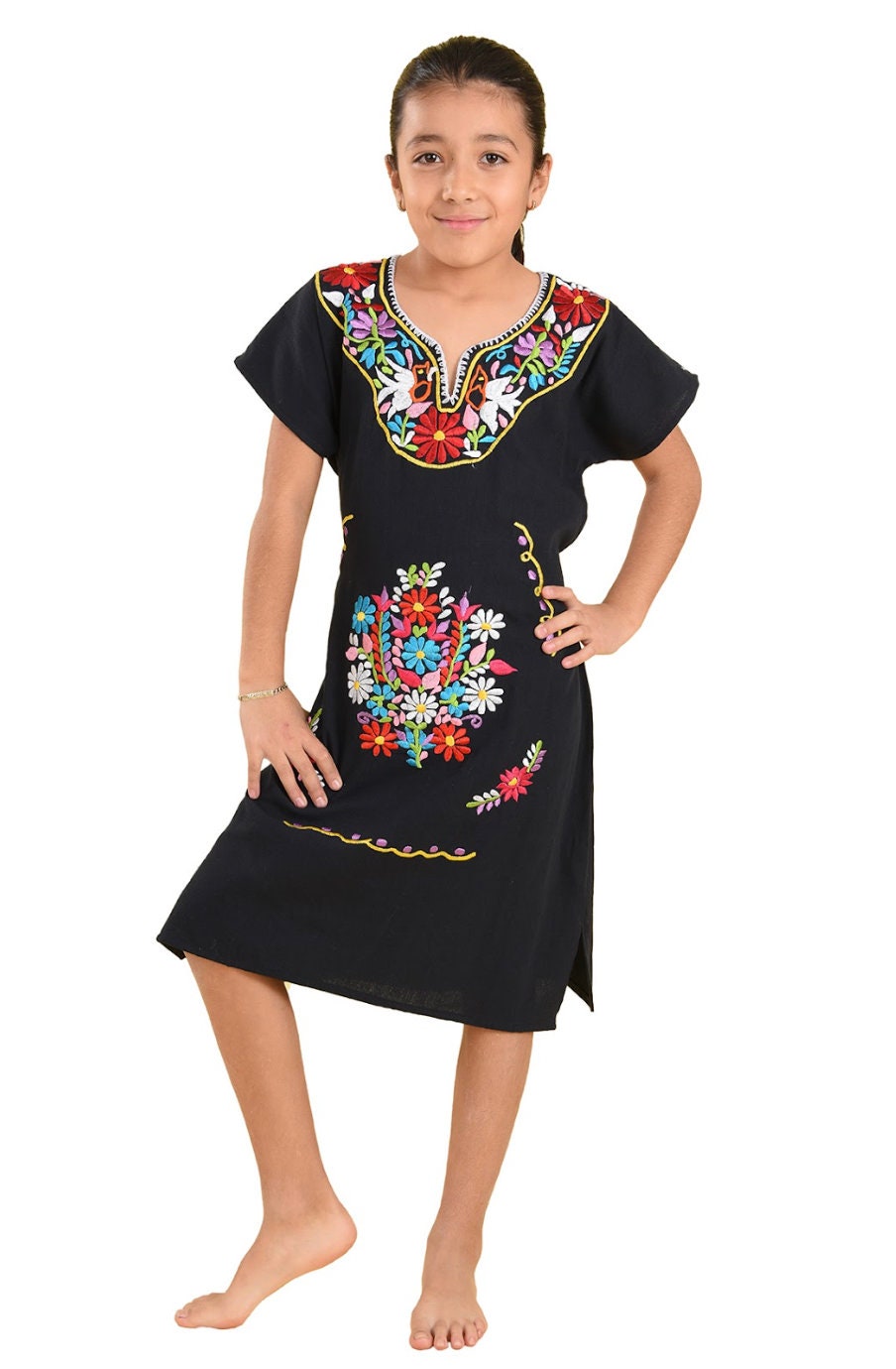 Vestido Tradicional Mexican con Flores Bordado para Nina/Mexican Traditional Embroidery Dress with flowers For Girl107