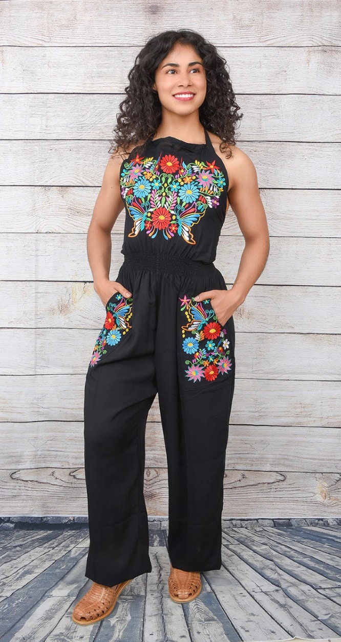 Floral Capri Jumpsuit. Embroidered Mexican Jumpsuit. Capri Top Romper. Floral Romper. Mexican Typical Clothing.63