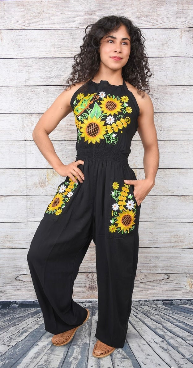 Floral Capri Jumpsuit. Embroidered Mexican Jumpsuit. Capri Top Romper. Floral Romper. Mexican Typical Clothing.63